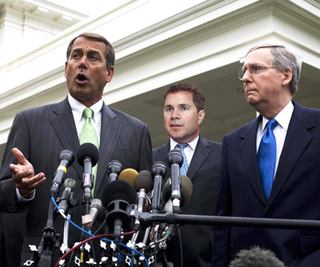 Cosponsors John Boehner, left, and Bruce Braley, middle, told reporters how the bill would make everything all better Tuesday.